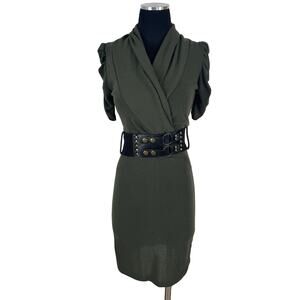 Epilogue Olive Green Ribbed Sweater Dress S w Belt Y2K Office Siren Puff Sleeve